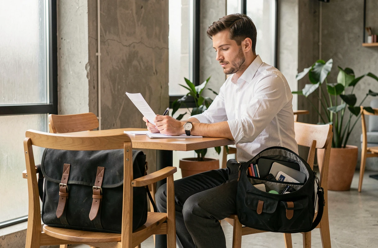 Homme assis dans un café moderne avec un sac messager en toile noire bien organisé posé sur une chaise