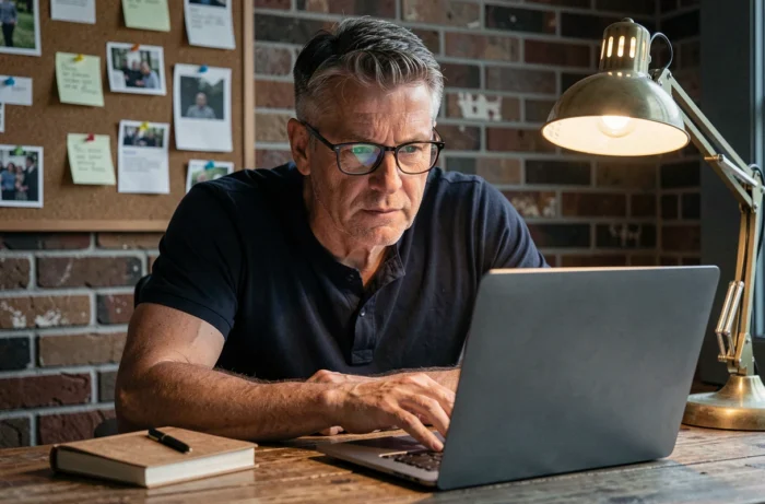 Homme concentré regardant une série conseillée par des experts sur son ordinateur portable au bureau