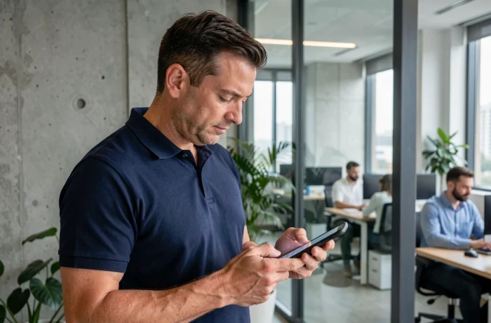 Homme en bureau moderne cherchant à joindre le service client Sosh depuis son smartphone