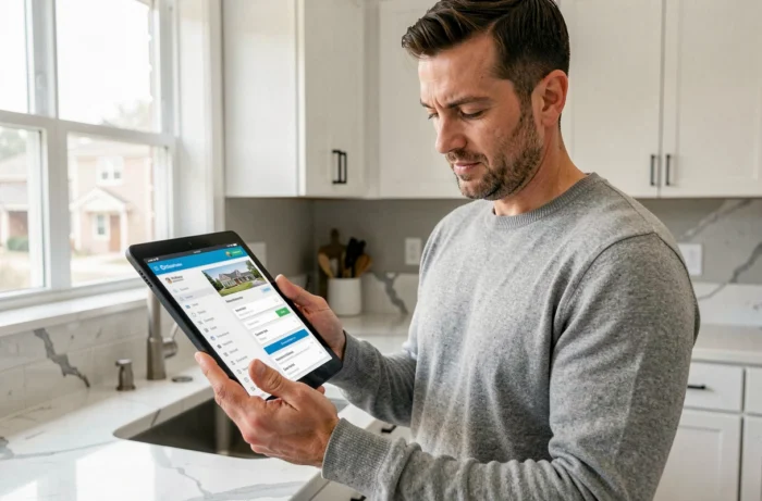 Homme consultant son espace client de gestion immobilière sur une tablette dans une cuisine moderne