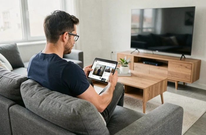Homme utilisant une tablette pour télécharger des films sur un site DDL depuis son salon moderne
