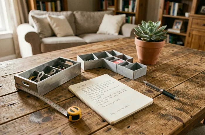 Vue de dessus d'un ensemble d'outils et accessoires indispensables pour équiper une maison