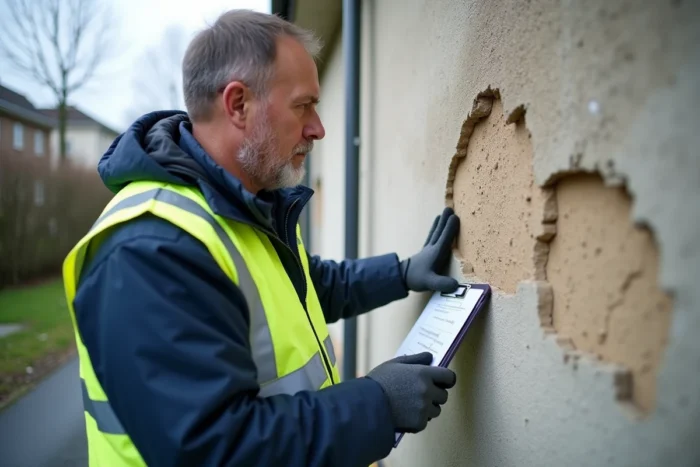 Expert en bâtiment inspectant des fissures d'humidité sur une façade de maison après l'hiver