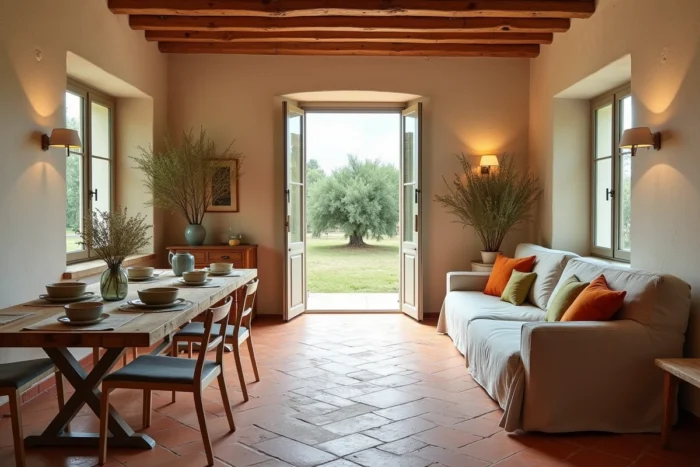 Intérieur lumineux d'une location de vacances provençale avec murs en pierre et carrelage en terre cuite à Vallon-Pont-d'Arc