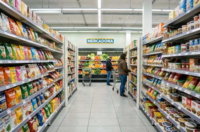 Allée intérieure d'un magasin Mercadona en France avec rayons bien approvisionnés et clients
