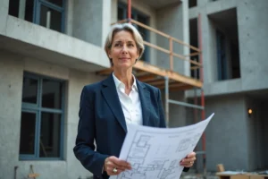 Investisseuse immobilière examinant des plans architecturaux devant un immeuble résidentiel en construction