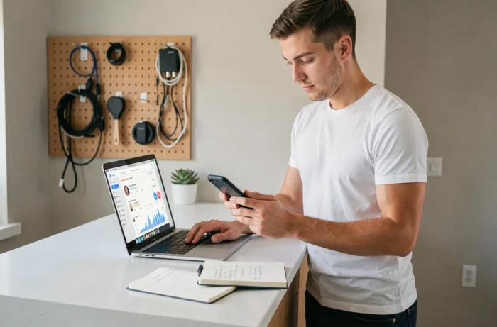 Jeune entrepreneur travaillant depuis chez lui sur des outils digitaux pour développer son business en ligne