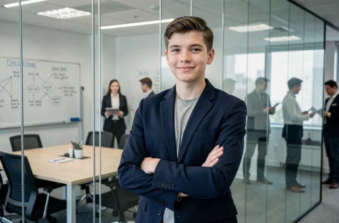 Jeune entrepreneur adolescent en blazer marine devant une salle de réunion en verre dans un environnement professionnel