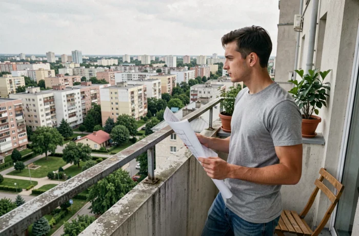 Jeune homme sur un balcon urbain réfléchissant à son projet immobilier entre location et achat d'appartement
