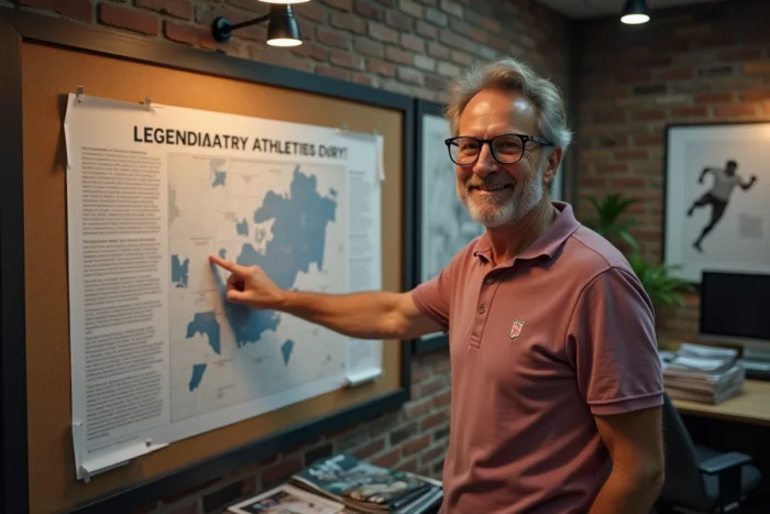 Journaliste sportif présentant un infographique de sitemap des légendes du sport dans une salle de rédaction