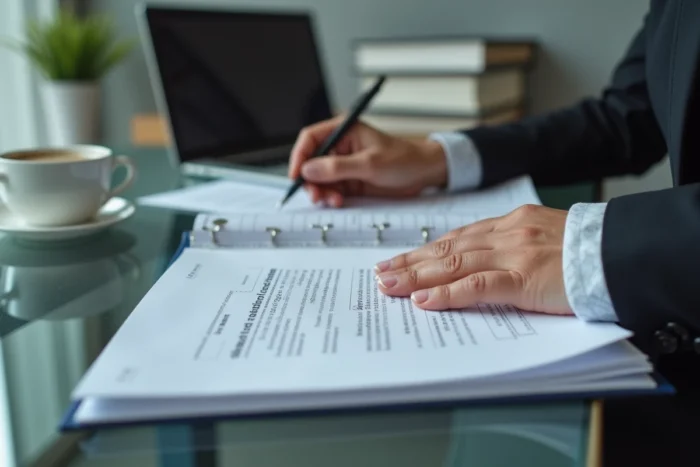 Mains d'une juriste feuilletant un contrat de prévoyance d'entreprise pour évaluer les risques de trop-perçu