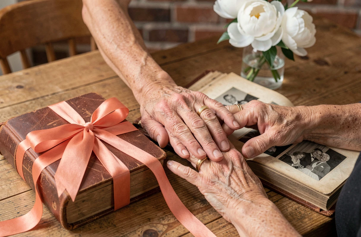 Mains enlacées d'un couple et album photo de mariage ouvert sur une table en bois pour 35 ans d'union
