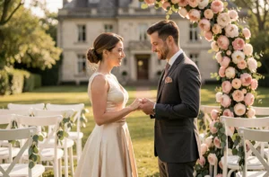 Couple de mariés échangeant leurs alliances sous une arche florale dans un jardin élégant pour un mariage en plein air 2024