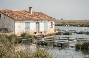 Mas ostréicole traditionnel au bord d'une lagune méditerranéenne, évoquant le décor de la série Demain nous appartient