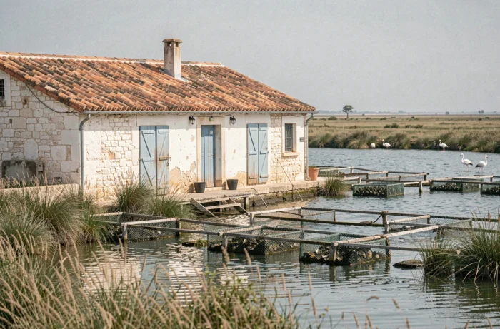 Mas ostréicole traditionnel au bord d'une lagune méditerranéenne, évoquant le décor de la série Demain nous appartient
