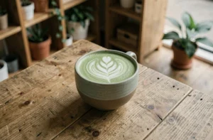 Tasse de matcha latte avec mousse de lait en feuille sur une table en bois dans un café minimaliste