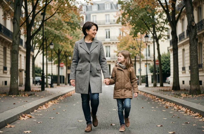 Mère et fille se promenant discrètement dans une rue parisienne en automne, symbolisant la protection de la vie familiale loin des projecteurs