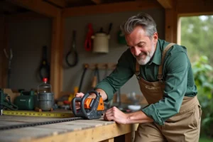 Homme mesurant la longueur de lame d'un taille-haie sur un établi en bois dans un atelier de jardin