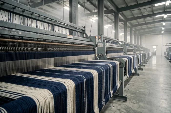 Métier à tisser industriel produisant du tissu textile en usine moderne