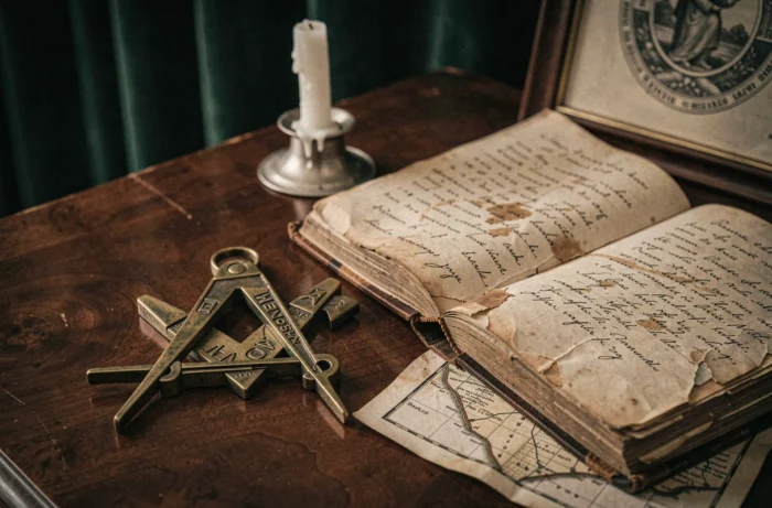 Nature morte sur bureau ancien avec emblème maçonnique en laiton, livre rituel annoté et bougie fondue