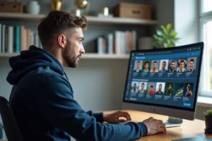 Homme naviguant sur un sitemap de légendes du sport sur un écran d'ordinateur dans un bureau moderne