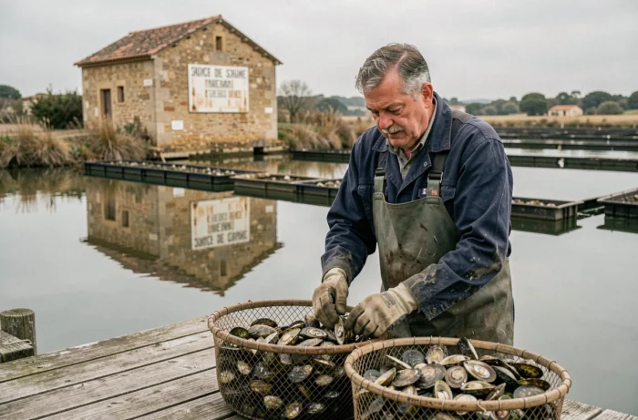 Ostréiculteur travaillant sur un ponton devant un mas traditionnel du bassin de Thau, cadre inspiré de Demain nous appartient