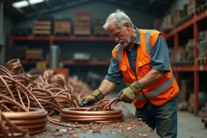 Ouvrier en gilet haute visibilité triant des câbles et tubes en cuivre dans un centre de recyclage Derichebourg