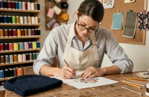 Femme dessinant un motif de broderie personnalisé pour un bonnet tricoté bleu marine dans un atelier artisanal