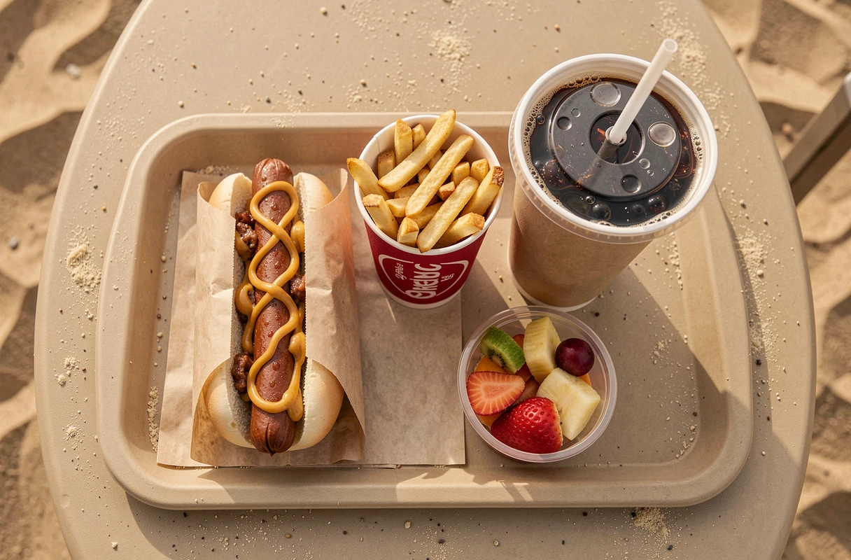 Vue aérienne d'un plateau repas typique servi dans le parc Mer de Sable, avec hot dog, frites et boisson
