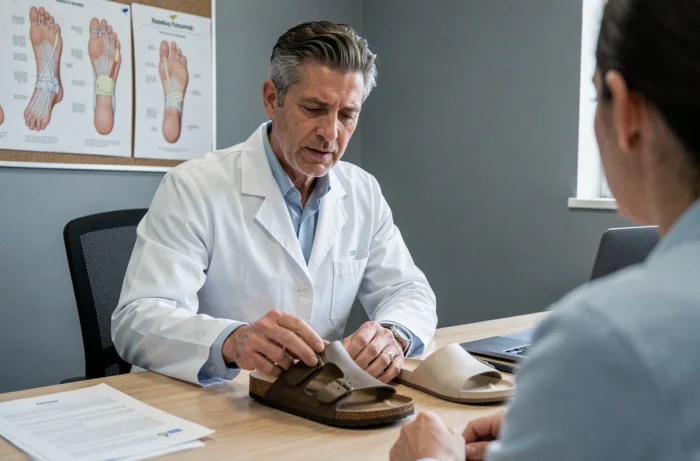Podologue examinant une sandale Birkenstock et une Billowy lors d'une consultation médicale