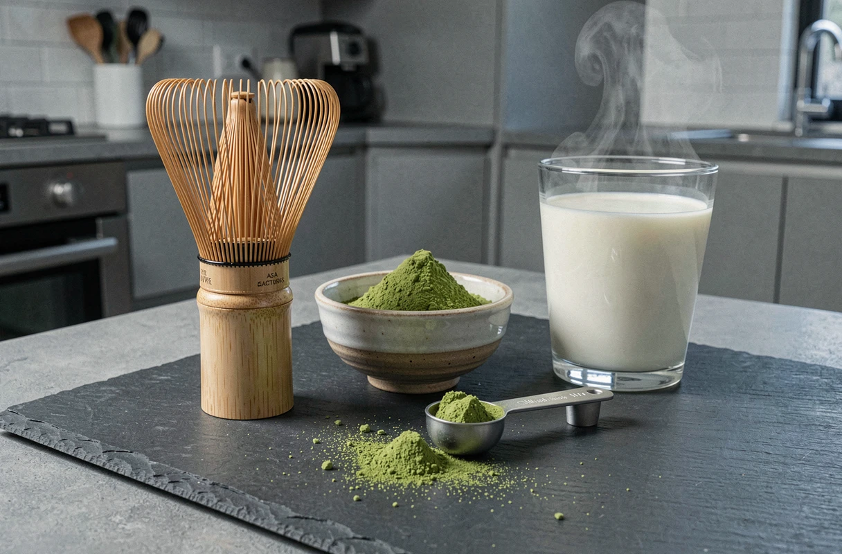 Préparation du matcha latte avec fouet en bambou, poudre de matcha et lait végétal sur ardoise noire