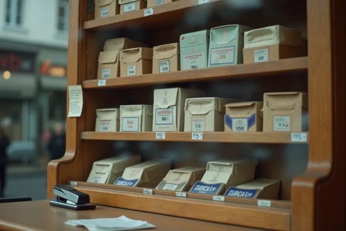 Présentoir de paquets de cigarettes en packaging neutre obligatoire dans un bureau de tabac français, avec certains emplacements vides