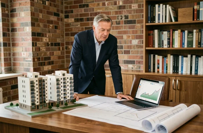 Promoteur immobilier ou architecte analysant des plans de construction et des tendances du marché immobilier dans un bureau professionnel
