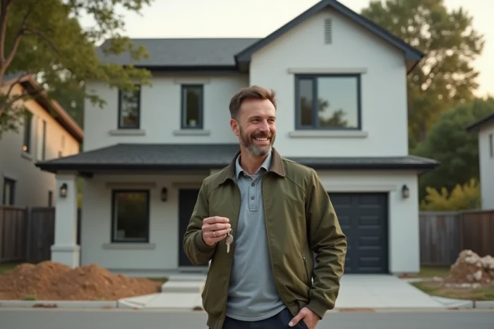 Homme tenant des clés devant sa nouvelle maison nouvellement construite dans un quartier résidentiel