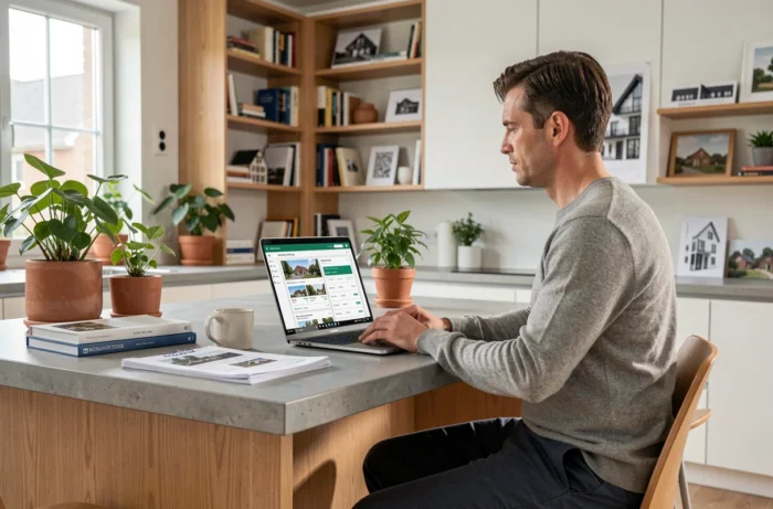 Propriétaire gérant son patrimoine immobilier avec un logiciel de gestion moderne depuis son domicile