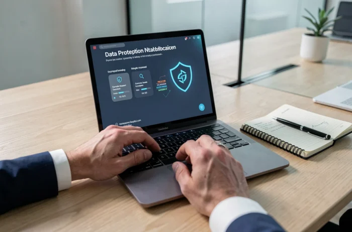 Gros plan sur des mains tapant sur un clavier pour accéder à un tableau de bord de protection des données sécurisé
