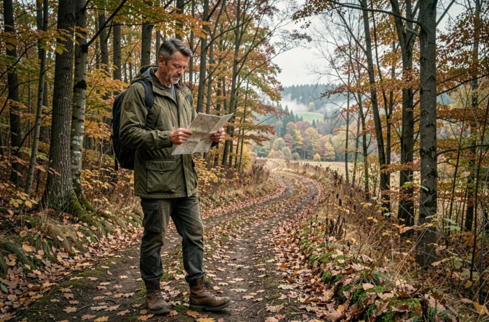 Homme en randonnée sur un sentier forestier en automne, consultant une carte, activité de plein air pour les loisirs