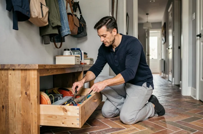 Homme triant des accessoires pratiques dans l'entrée d'une maison bien aménagée