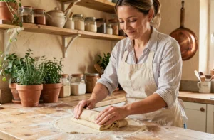 Femme préparant des pâtes fraîches maison dans une cuisine rustique avec des herbes fraîches et des ustensiles en bois
