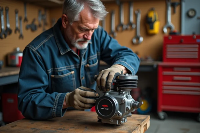 Mécanicien réglant les soupapes d'un moteur Briggs et Stratton sur un établi d'atelier