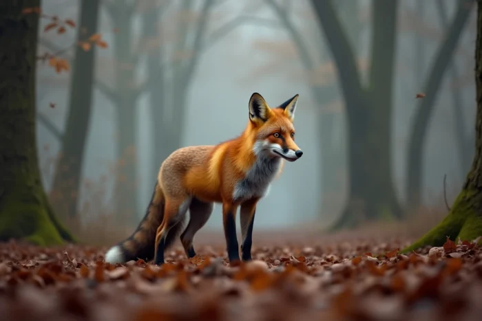 Renard roux en alerte à la lisière d'une forêt brumeuse au petit matin, pelage détaillé et regard vif