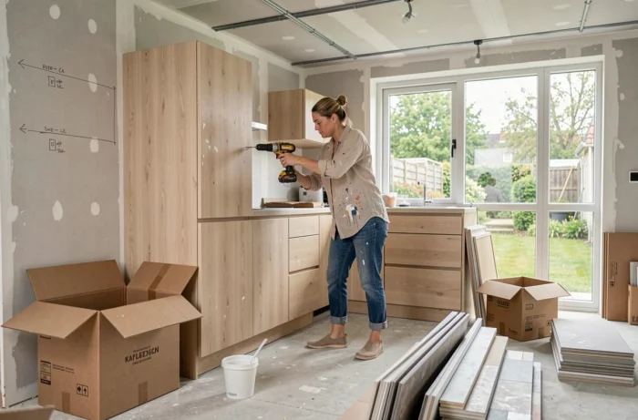 Femme installant des meubles de cuisine en chêne lors d'une rénovation intérieure dans une maison belge