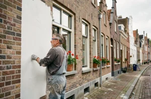 Artisan appliquant un enduit blanc sur la façade en briques d'une maison de ville belge lors de travaux de rénovation extérieure