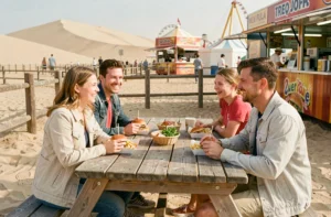 Famille attablée dans un espace de restauration extérieur du parc Mer de Sable, dégustant des repas typiques de parc d'attractions