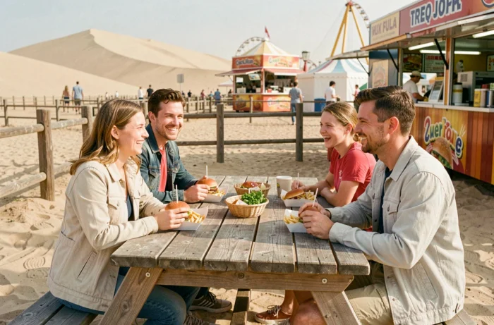 Famille attablée dans un espace de restauration extérieur du parc Mer de Sable, dégustant des repas typiques de parc d'attractions