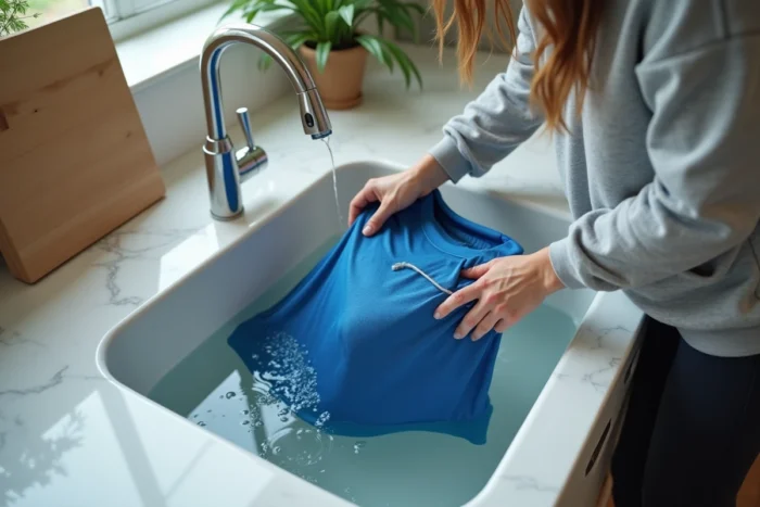 Femme plongeant un maillot de foot bleu dans un bassin d'eau sur un plan de travail de cuisine