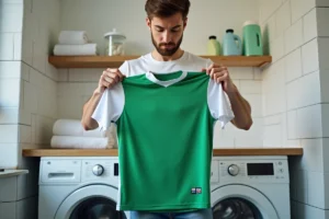 Homme tenant un maillot de foot vert devant une machine à laver dans une buanderie domestique