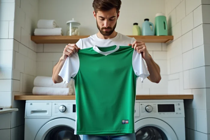 Homme tenant un maillot de foot vert devant une machine à laver dans une buanderie domestique