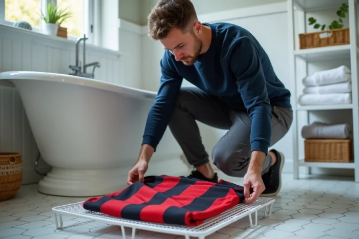 Homme posant un maillot de foot rouge sur un séchoir en salle de bain pour le faire rétrécir