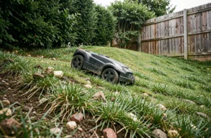 Robot tondeuse autonome gravissant une forte pente dans un jardin vallonné avec terrain accidenté